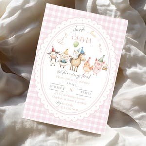 May include: A pink and white gingham patterned invitation with an oval frame. The invitation features illustrations of farm animals wearing party hats. The text reads "Olivia is turning two!" and includes event details.