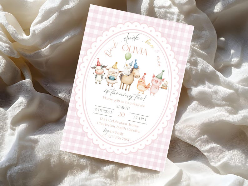 May include: A pink and white gingham patterned invitation with an oval frame. The invitation features illustrations of farm animals wearing party hats. The text reads "Olivia is turning two!" and includes event details.