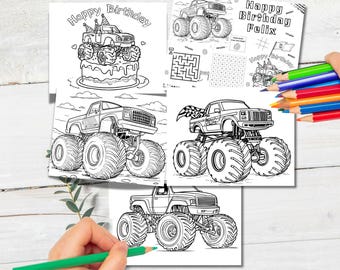 Hojas de actividades de cumpleaños de Monster Truck, páginas para colorear editables para fiestas infantiles, juegos de colorear de camiones imprimibles, mantel individual para fiesta de cumpleaños