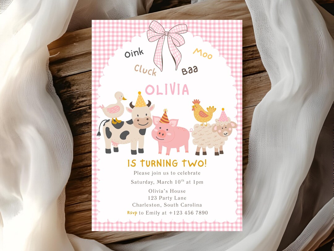 Pink Oink Baa Moo Girl Barnyard Birthday Invitation, Editable Farm ...