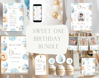 He's A Sweet One Blue Boy 1st Birthday Party Bundle, Editable One Sweet Year Birthday Decoration Set,One Sweet Boy  Candy Donut Ice Cream 01