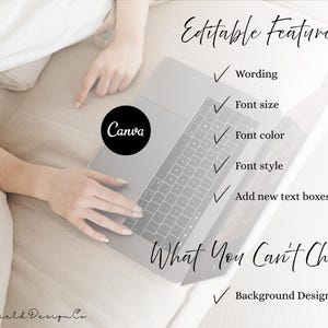 May include: A laptop with the Canva logo is open on a person's lap. Text on the image lists "Editable Features" including wording, font size, color, and style. The text also lists "What You Can't Change" including the background design. The Brightfield Design Co logo is at the bottom.