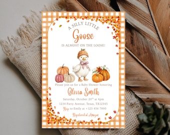 Fall Silly Goose Baby Shower Invite, Editable Pumpkin Goose on the Loose Invite, Rustic Autumn Gingham Little Pumpkin, Coquette Shower,Canva