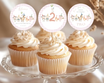 Oink Baa Moo Turning Two Girl Barnyard Birthday Cake Toppers, Editable Pink Gingham Farm Animals Birthday Cupcake Decor, Canva 15