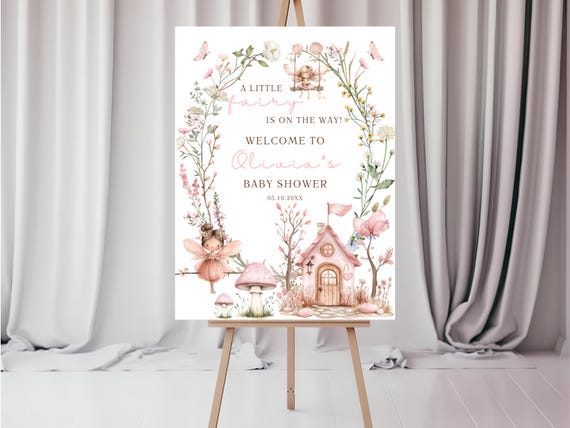 Boho Floral Little Fairy Baby Shower Welcome Sign, Editable Wildflower Butterflies Fairy Garden Baby Shower Party Decor,Baby Poster Board 18