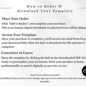 May include: A white graphic with instructions on how to order and download a template. The text includes steps to place an order, access the template, and customize it in Canva. A Canva logo is visible.