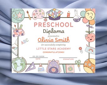 Colorful Kids Graduation Certificate, Editable Pastel Preschool Diploma, Certificate of Completion,Homeschool Award,Kindergarten End of Year
