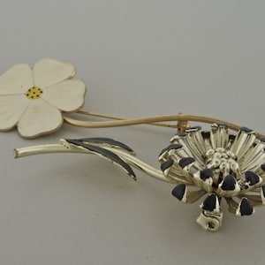Two Flower Brooches Wild Rose and Chrysanthemum Gold Tone.