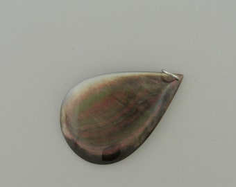 May include: A teardrop-shaped pendant made from iridescent black mother of pearl with a silver bail.