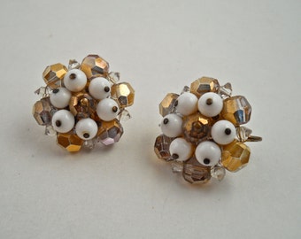 Milk Glass Crystal Clip Earrings.