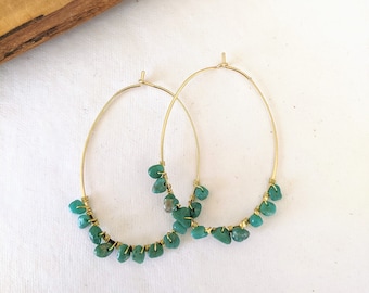 Genuine Turquoise Beaded Gold Hoop Earrings Wire Wrapped Southwestern Western Statement Beaded Boho Festival