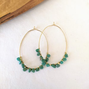 Echter Türkis Perlen Gold Hoop Ohrringe Wire Wrapped Southwestern Western Statement Perlen Boho Festival