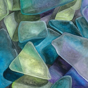 May include: Abstract watercolor painting of a pile of sea glass in shades of blue, green, and purple. The glass pieces are arranged in a random pattern, creating a sense of depth and texture.