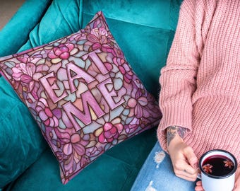 Eat Me Throw Pillow | Pink Floral Stained Glass Design