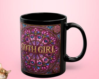 Goth Girl stained glass design Mug | Black ceramic coffee cup
