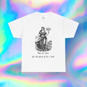 Classical Goddess Illustration Tee | Vintage Engraving, Floral Motif, Gothic Script