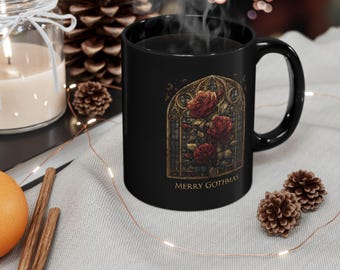 Merry Gothmas Stained Glass Roses Mug | Black Ceramic Coffee Cup