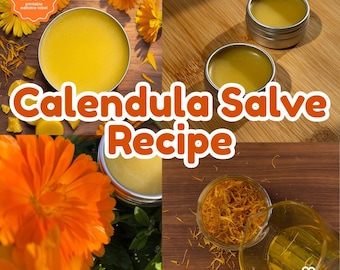 Recette de baume au calendula, étiquette imprimable, tutoriel DIY sur le baume à base de plantes avec des pétales de calendula