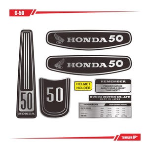 May include: A set of black and silver Honda C-50 motorcycle decals. The collection features various emblems with the Honda logo, the number 50, and text including "Helmet Holder" and "Remember: Preserve Nature, Always Wear a Helmet, Think Safety."