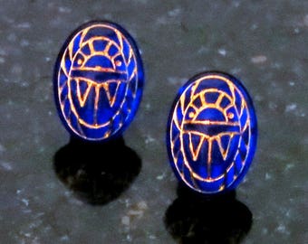 Glass Scarab Earrings Sapphire Blue with Gold Engravings Scarab Post Earrings