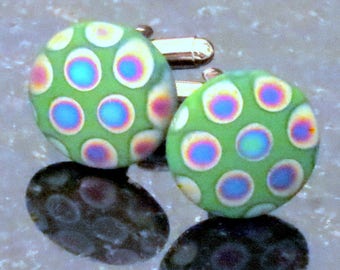 New VTG German Glass Peacock Cufflinks Green Background Brilliant Multi Color Silver Cufflinks