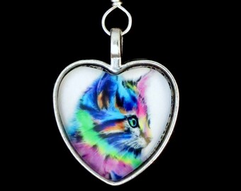 Kitty Cat Key Ring Heart Cat Super Colorful and Dynamically Adorable Glass Picture Set in Silver Metal Keyring