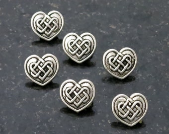 6 Silver Metal Heart Buttons Silver Heart Shaped with Black Accents