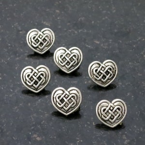 6 Silver Metal Heart Buttons Silver Heart Shaped with Black Accents