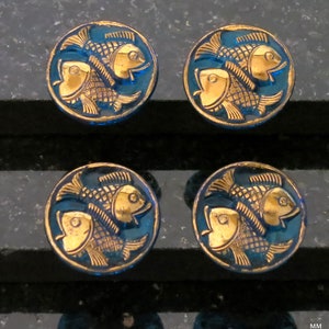 3 Fish Buttons Czech Glass Bright Iridescent Turquoise and Gold Pisces Fish 3 Fish Buttons