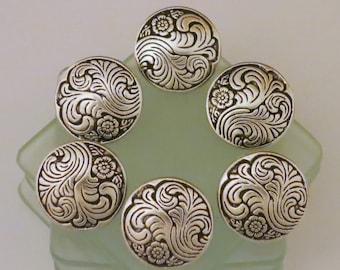 6 Silver Metal Buttons Flowers Floral Victorian Vines 11/16" 6 Solid Buttons