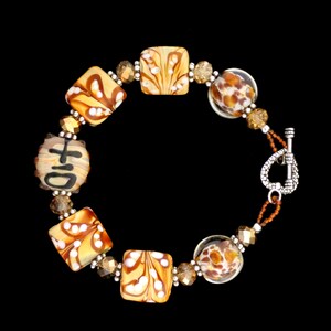 Handmade Bracelet Lampwork Beads Clasp Faceted Glass Browns, Gold, Silver Modern Art