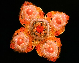 Handmade Flower Brooch Pin Embroidered with Orange Peach and Gold Seed Beads