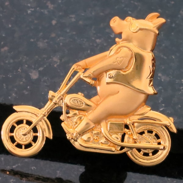 50% OFF SALE Vintage Hog Riding a Hog Brooch Pin Engraved Shiny Gold Swine Brooch Pin Motorcycle Jonette US When Pigs Fly