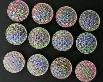 2 Peacock Buttons Iridescent Glass Made in Germany 3/4" Pink, Blue, Gold 2 Buttons