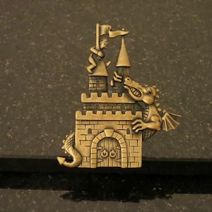 Rare Dragon Fairytale Castle Magical Jonette Brooch Pin Beautifully Detailed 3D Antiqued Brass Rare Vintage