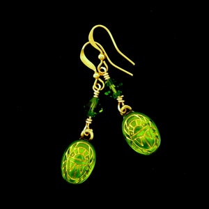 Scarab Earrings Lime Green Chartreuse with Gold Engravings Austrian Crystal Beads Drop Dangle Earrings