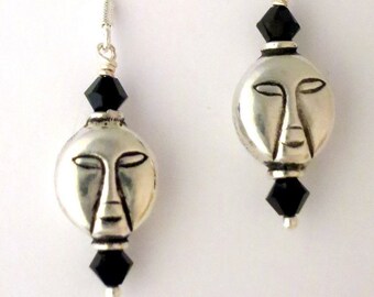 Sterling Silver 925 Earrings Face Mask 3D 2 Sided Swarovski Crystal US Made 1" X 3/8"