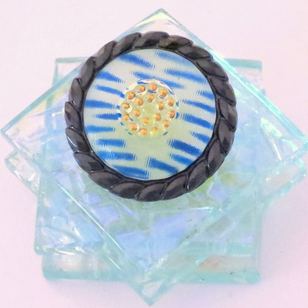 LG Lovely Focal Button Blue Striped Czech Glass Raised Gold Dots Bordered by Black Raised Vine Design