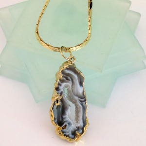 Agate Banded Pendant Druzy Necklace Gold Plate Bezel and Gold Bail Includes Gold Chain