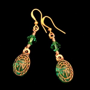 Glass Scarab Earrings Emerald Green with Gold Engravings Austrian Crystal Beads Drop Dangle Earrings