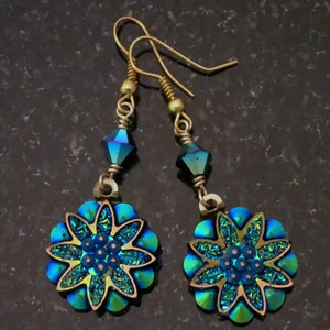 Startlingly Turquoise Blue Green Earrings Drop Dangle Flower, Floral, Planetary Swarovski Crystal Aurora Borealis