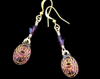 Scarab Earrings Amethyst Purple with Gold Engravings Scarab Drop Dangle Earrings