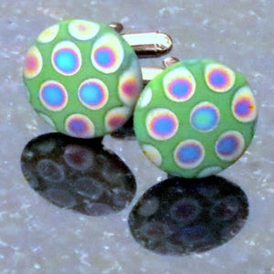 New VTG German Glass Peacock Cufflinks Green Background Brilliant Multi Color Silver Cufflinks