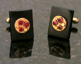 Cufflinks Black Onyx Gemstone with Vintage Glass Gold and Ruby Red Center Cufflinks Raised 3D