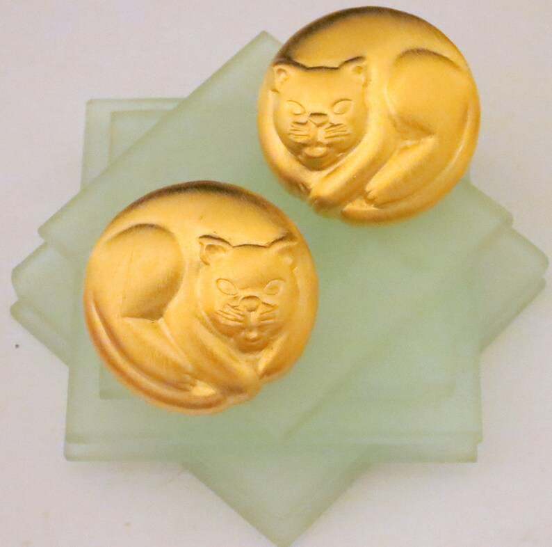 Comfy Kitty Cat Love Earrings Vintage Signed Brushed Gold Post Earrings US Made JJ Jonette