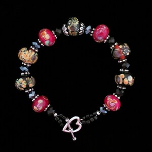 Handmade Bracelet Lampwork Beads Heart Clasp Faceted Glass Black Burgundy Beads Flowers