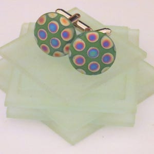Vintage German Glass Peacock Cufflinks Green Background Brilliant Multi Color Gold Cufflinks