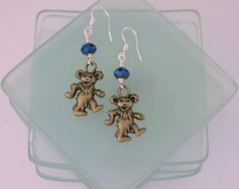 Deadhead Inspired Earrings Grateful Dead Inspired Earrings Dancing Bear Inspired Crystal Antiqued Brass Earrings