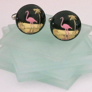Pink Flamingo Glass Cuff Links Crystal Painting Intaglio Pink Flamingo Glass Silver Cufflinks Art Glass