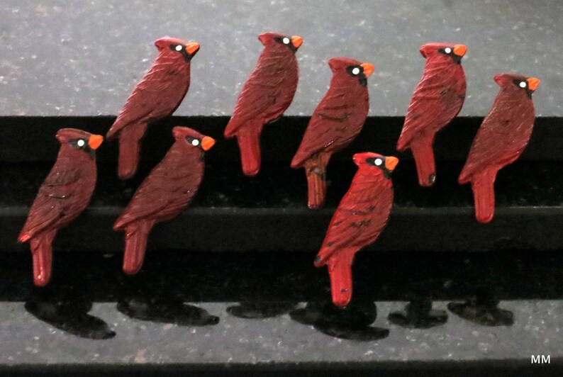 3 Sculptural Red Cardinal Bird Gold Metal Buttons Painted Cardinal Bird Buttons